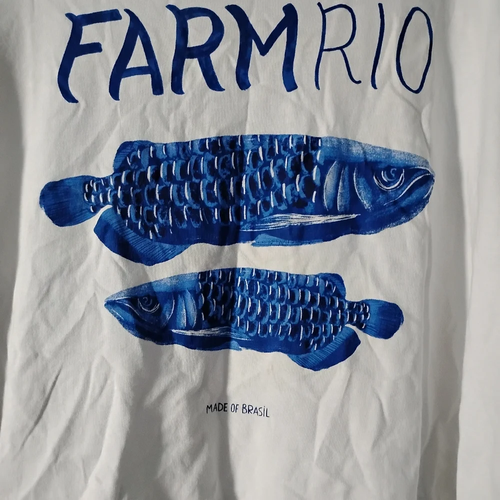 Farm Rio White And Blue Cotton Fish Brazil Oversized Tee L - Picture 6 of 8